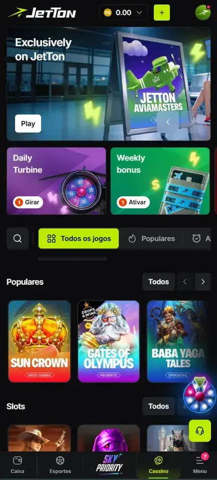 Tela inicial da Jetton no celular com saldo em R$, cartões Daily Turbine e Weekly bonus, fileira Populares e barra inferior com Caixa, Esportes, Sky Priority, Cassino e Menu